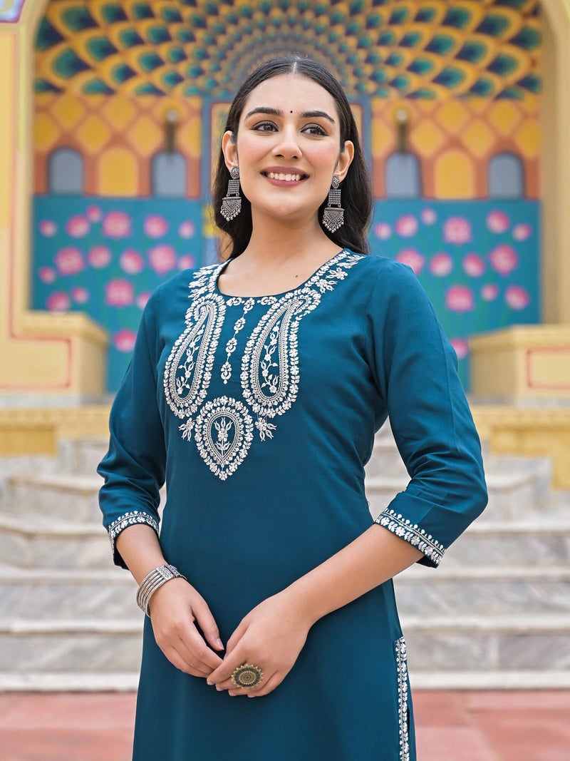 Shifory Teal Embroidered Kurti Pant Set for Women - Image 3